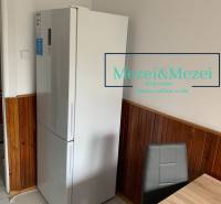 Küche in einer 2-Zimmer-Wohnung, Kühlschrank, Holzverkleidung, grauer Stuhl, Esstisch.