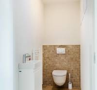 Toilette mit Waschbecken, Wänden in hellen Farben und Fliesen in einem Einfamilienhaus.