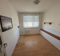 Helles Zimmer in einer 3-Zimmer-Wohnung mit Holzboden und Wandregalen.