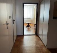 Der Flur in einer 3-Zimmer-Wohnung mit einem Boden in Holzoptik führt in einen hellen Raum.