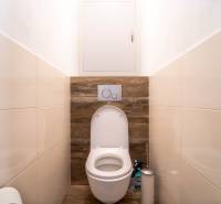 Badezimmer mit Toilette und Boden in Holzoptik in einer 3-Zimmer-Wohnung.