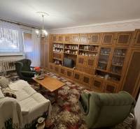 Wohnzimmer in einer 3-Zimmer-Wohnung mit einer Wohnwand aus Holz und grünen Möbeln.