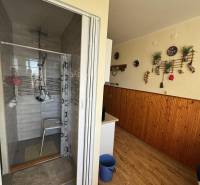 Badezimmer mit Duschkabine und Boden in Holzoptik in einer 3-Zimmer-Wohnung.