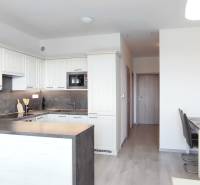 Küche und Essbereich in einer 2-Zimmer-Wohnung mit Holzboden.