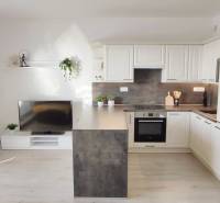 Wohnzimmer mit Küchenzeile, heller Boden mit Holzdekor in einer Zweizimmerwohnung.