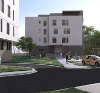 Ein Gebäude in Galanta, Umgebung mit Menschen, Autos und einem Spielplatz, Angebot einer 2-Zimmer-Wohnung.