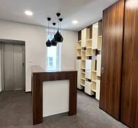 Büros mit Holzelementen, Aufzug, moderner Beleuchtung und dunklem Boden mit Holzdekor.