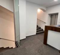 Büros mit Rezeption, Treppenhaus, Boden mit Holzdekor.