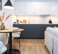 Küche in einer Einzimmerwohnung mit weißen Schränken, dunkler Arbeitsplatte und einem Boden in Holzoptik.