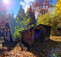 Eine Hütte im Dorf Bystrá in Tále, umgeben von herbstlicher Natur, mit einem Unterstand im Wald.