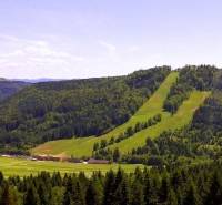 Panorama einer grünen Landschaft mit einer Skipiste in Bystrá, in Tále bei der Hütte.