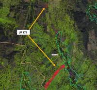 Katasterkarte von Lúčky, landwirtschaftliche und forstwirtschaftliche Grundstücke mit hervorgehobener Route.
