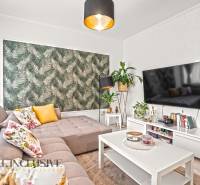 Helles Wohnzimmer mit Sofa und Blumenkissen, grüne Tapete, Fernseher an der Wand.