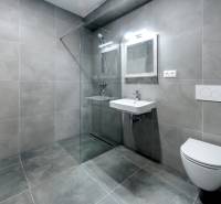 Badezimmer in einer 2-Zimmer-Wohnung mit großformatigen grauen Fliesen, Dusche und Toilette.