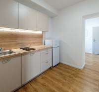 Küchenzeile mit Holzdekor, Kochfeld, Spüle und Eingang zum Zimmer in einer 2-Zimmer-Wohnung.