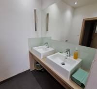 Doppelwaschbecken im Badezimmer eines Büros mit weißen Wänden und einem großen Spiegel.