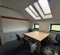 Ein Büro mit einem Schreibtisch und Stühlen, unter Dachfenstern, mit einem Boden in Holzoptik.