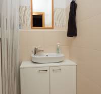 Badezimmer mit Spiegel und Waschbecken über dem Schrank in einer 2-Zimmer-Wohnung.