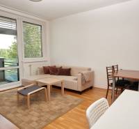 Wohnzimmer mit Sofa, Esstisch und Holzboden in einer Zweizimmerwohnung.