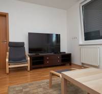 Wohnzimmer in einer Zweizimmerwohnung mit Fernseher, Stuhl und Holzboden.