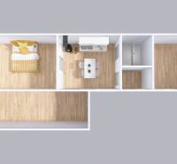 Grundriss eines Einfamilienhauses mit Holzdekorboden, Küche und Schlafzimmer.