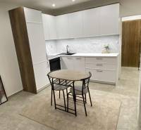 Küche in einer Einzimmerwohnung mit weißen Schränken und Esstisch.