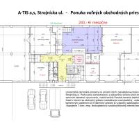 Grundriss der Geschäftsräume in Prešov in der Strojnícka-Straße, verschiedene Raumgrößen.