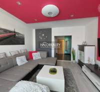 Wohnzimmer in einer 3-Zimmer-Wohnung mit grauem Sofa, roter Decke und modernen Möbeln.