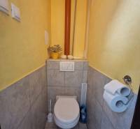 Toilette in einer 3-Zimmer-Wohnung mit Fliesenboden und gelben Wänden, dezente Dekoration auf dem Spülkasten.