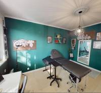 Ein Zimmer in einer 3-Zimmer-Wohnung mit einer türkisfarbenen Wand, einem Sessel und Dekorationen.