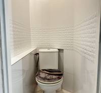 Badezimmer mit Toilette in einer 3-Zimmer-Wohnung, Fliesen mit geometrischem Muster und Boden mit Holzdekor.