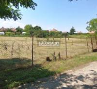 Ein ebenes Grundstück, das von einem Zaun in den Gärten von Marcelová umgeben ist, im Hintergrund sind Häuser zu sehen.