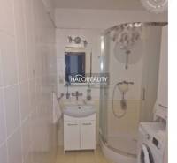 Badezimmer einer 3-Zimmer-Wohnung mit Eckdusche und Waschmaschine.