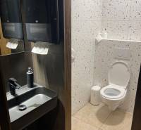 Toilette in Gastronomiebereichen mit Waschbecken, Spiegel und Terrazzo-Fliesen.