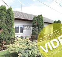 Ein Einfamilienhaus in Veľký Kýr mit einem gepflegten Garten, grünen Thujen und einem Zaun.