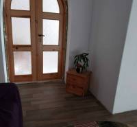 Gewölbte Holztüren, ein Tisch mit einer Pflanze, ein Teppich und ein Boden mit Holzdekor in einem Einfamilienhaus.