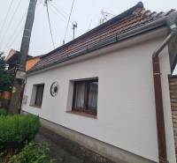 Ein Einfamilienhaus in Komárno mit einem Schrägdach und einem gepflegten Garten.