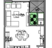Grundriss eines Einfamilienhauses mit Terrasse, Wohnzimmer, Küche und Esszimmer.