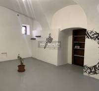 Büros mit weißen Wänden, Blumenmuster und einer kleinen Topfpflanze.