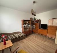 Wohnzimmer in einer 3-Zimmer-Wohnung mit Holzboden, Holzmöbeln, Sofa.