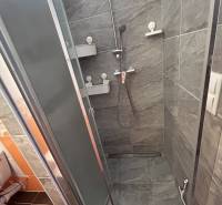 Badezimmer mit dunklen Fliesen und Duschkabine in einer Einzimmerwohnung.