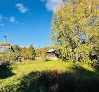 Ein Einfamilienhaus in Brodzany in einem Garten mit weitläufigem Rasen und Bäumen unter blauem Himmel.