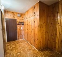 Ein Flur mit holzverkleideten Wänden und einem Boden in Holzoptik in einer 3-Zimmer-Wohnung.