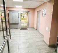 Eingangshalle eines Wohnhauses mit Briefkästen und Glastüren.