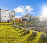 Ein Garten bei einem Einfamilienhaus in Dunajská Streda mit kultivierten Sträuchern und einem Gemüsegarten.