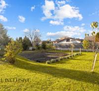 Der Garten eines Einfamilienhauses in Dunajská Streda mit Rasen, Bäumen und einem gepflegten Blumenbeet.