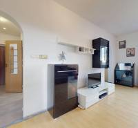 Wohnzimmer in einer 3-Zimmer-Wohnung mit Holzboden, helle Möbelkombination.