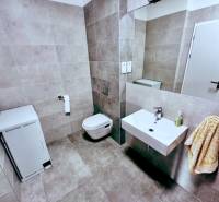 Badezimmer mit Toilette, Waschbecken und Waschmaschine in Büros.