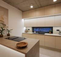 Küche in einem Einfamilienhaus mit Pflanzen und Spüle, Boden mit Holzdekor.