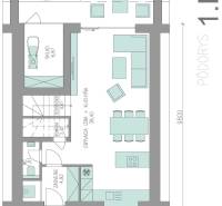 Grundriss des Erdgeschosses eines Einfamilienhauses mit Lagerraum, Küche und Wohnzimmer.